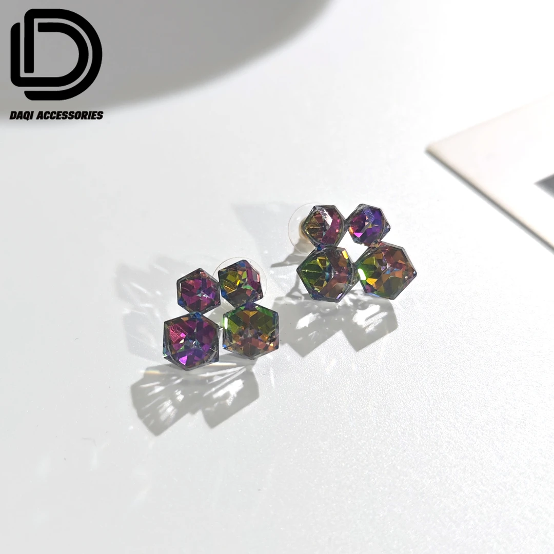 铜合金合成锆石耳饰 2141大淇原创潮酷个性方锆石块七彩耳钉