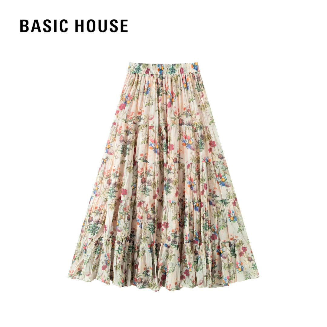 Basic House/百家好夏季时尚百搭显瘦气质高腰休闲轻奢碎花连衣裙