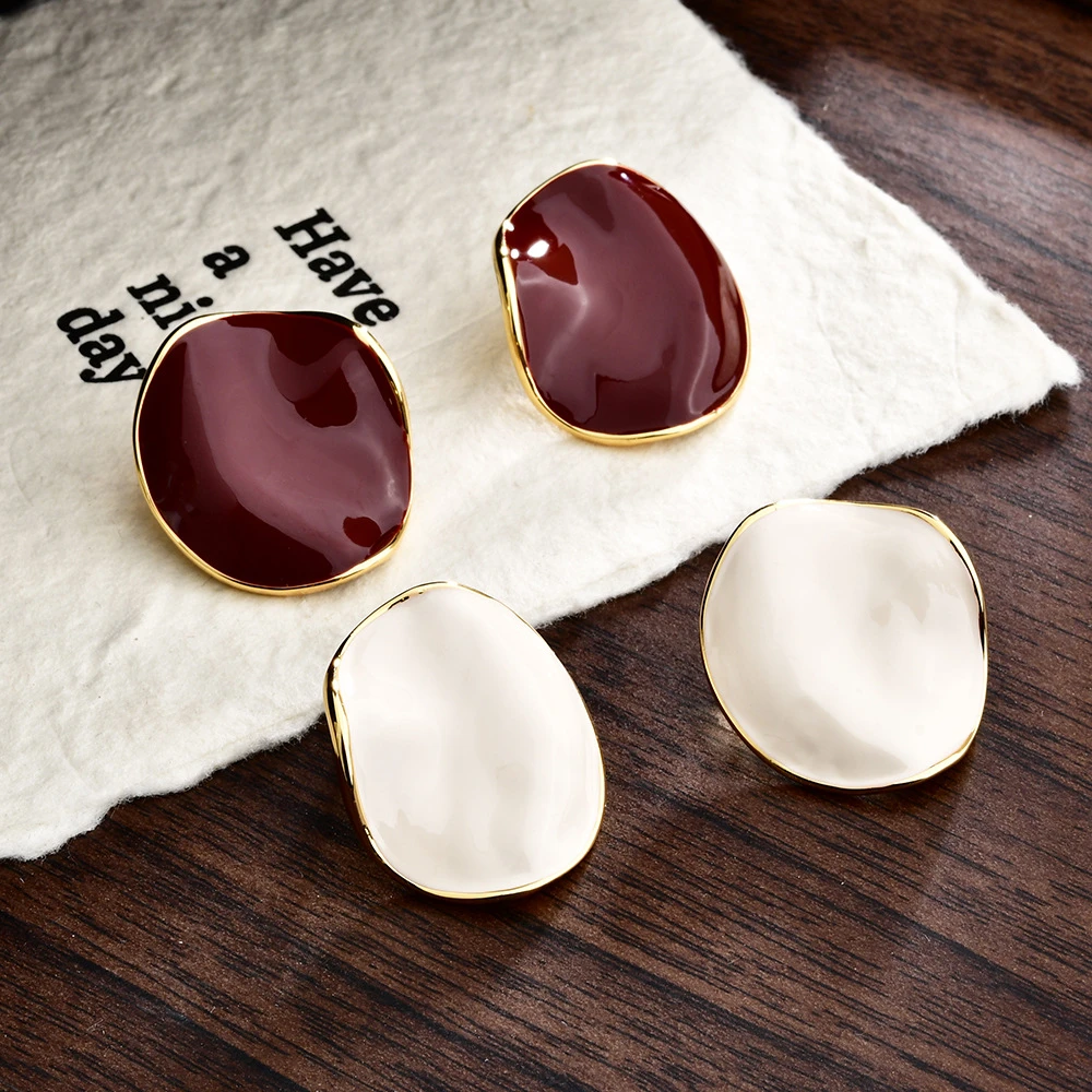 铜合金珐琅耳饰 法式复古圆形滴釉耳钉轻奢小众气质简约百搭耳环