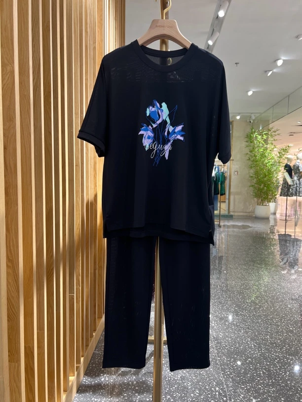 声雨竹7p066夏季大码宽松休闲运动套装舒适透气显瘦蓝色圆领时尚