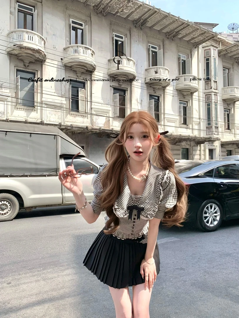 迟伞伞25/ss 少女阳台日记 法式翻领黑白格蕾丝花边短袖衬衫上衣