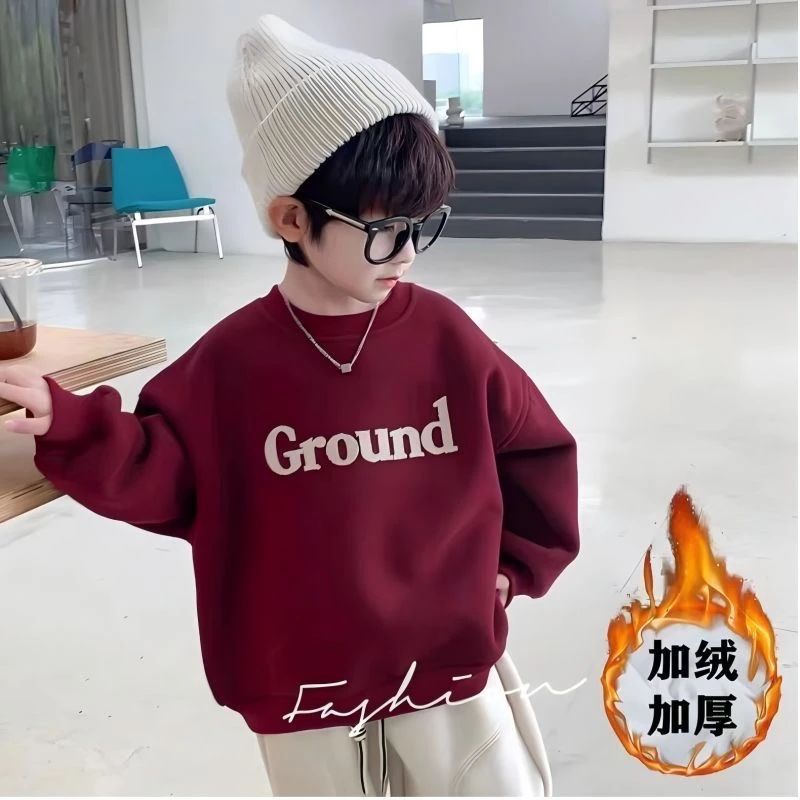 男女童新款儿童加绒加厚保暖卫衣亲子款圆领中大童上衣