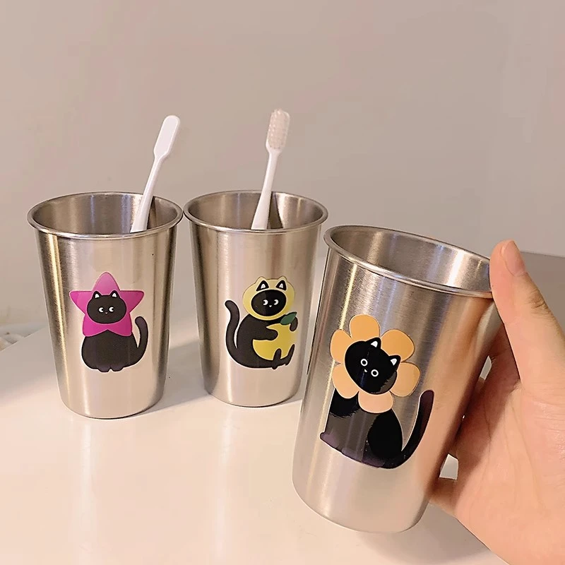 花花小猫儿童不锈钢耐摔卡通原创304 创意漱口杯洗漱杯牙刷杯牙缸