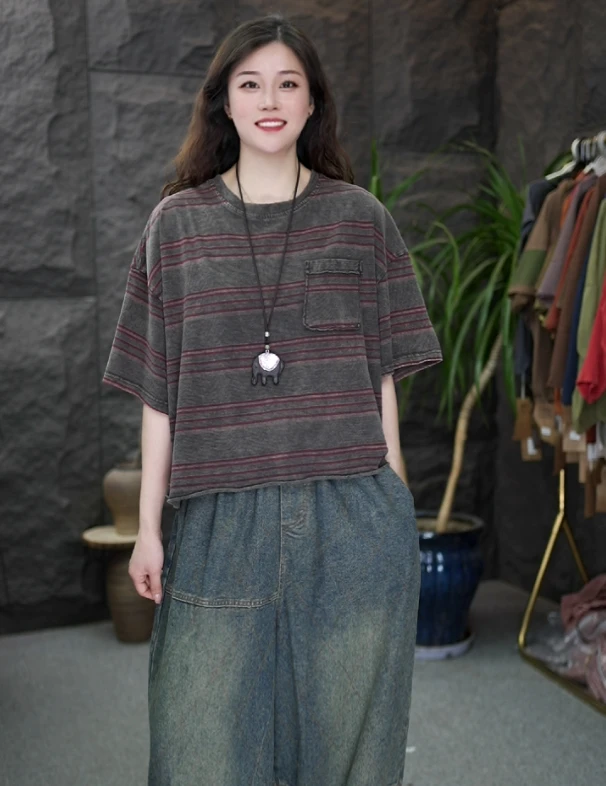 GG夏季文艺纯棉条纹T恤上衣女时尚百搭宽松显瘦圆领短袖上衣