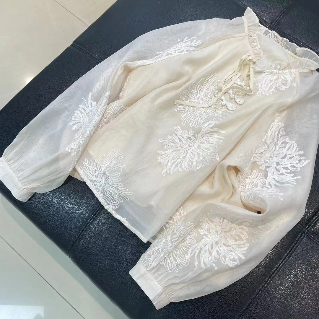 CS054春装新款新中式国风双层花边领长袖宽松套头衬衫女士