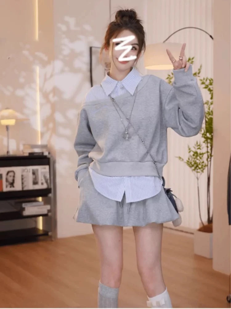 韩系风格穿搭一整套设计感假两件拼接卫衣高腰半身裙早春时尚套装
