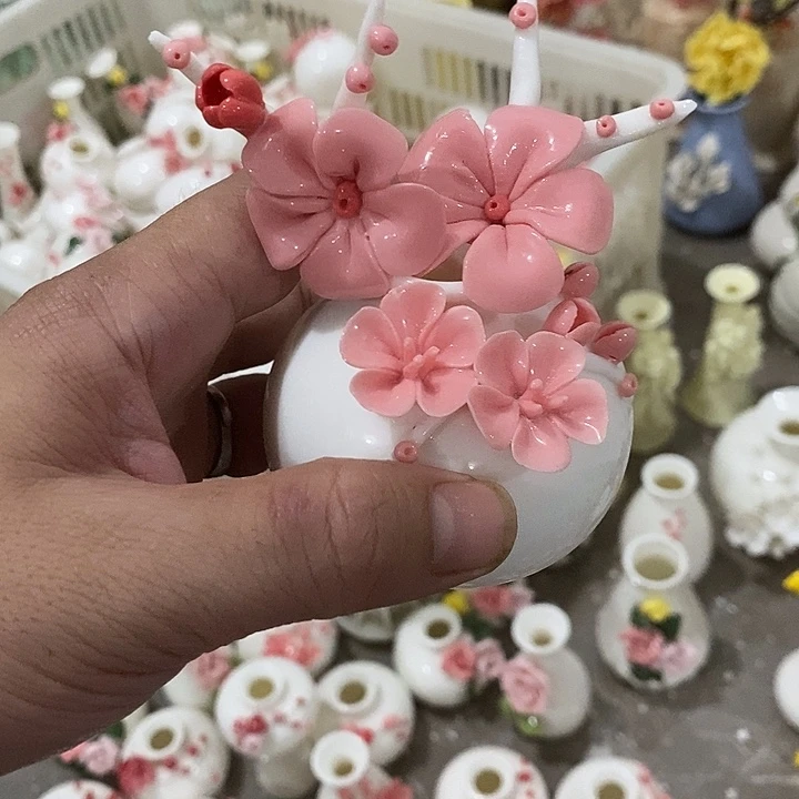 瓷片纯手工陶瓷花摆件瑕