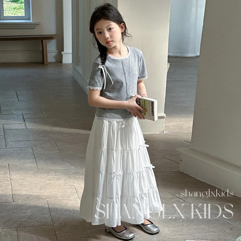 女童蝴蝶结套装夏季2025新款女孩花边短袖夏装半身裙中大童两件套