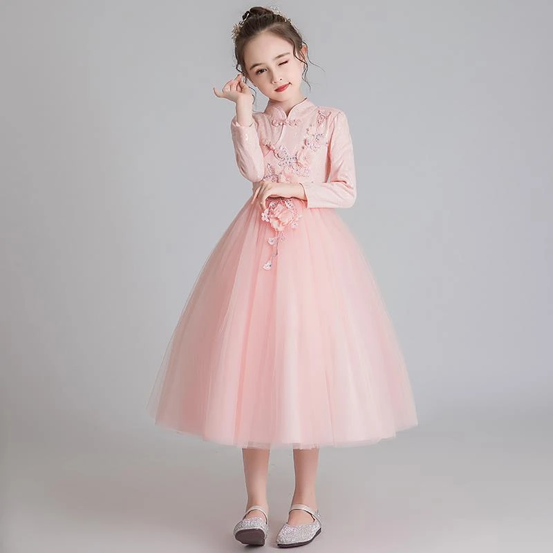 女童礼服公主裙花童婚礼小女孩中国风粉色洋气儿童钢琴演出服长袖