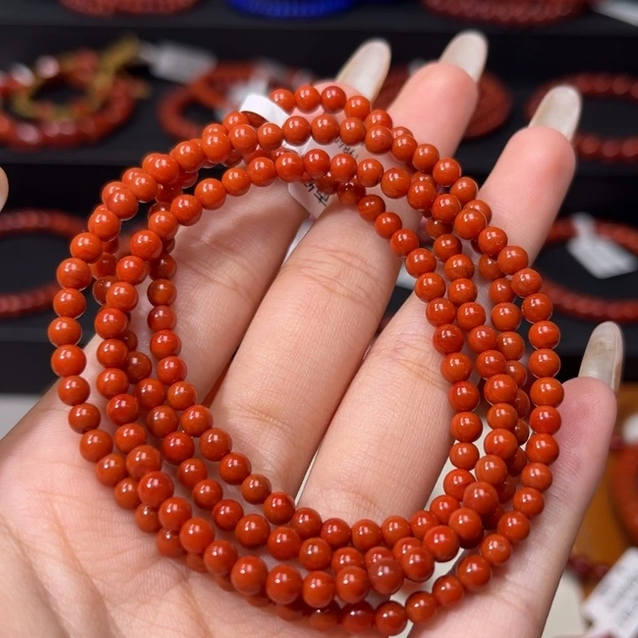 南红玛瑙未镶嵌手链满肉柿子红小米珠4mm多圈