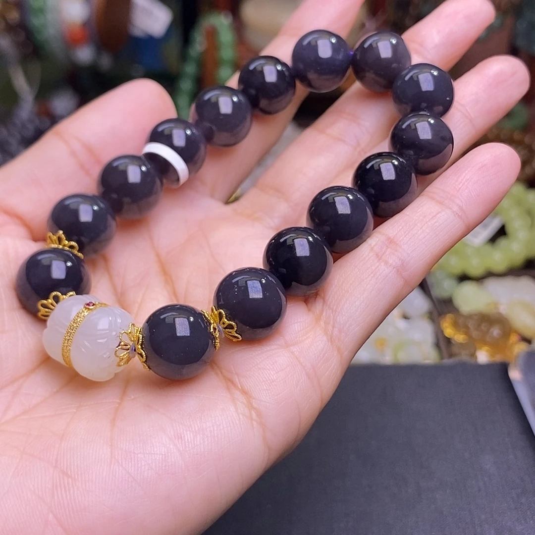 未镶嵌手链和田玉浓烟紫脂膏级天花板手链约12MM18.K金