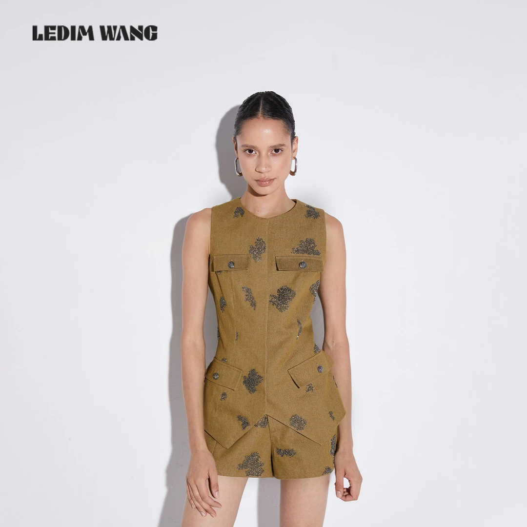 LEDIM WANG【白标系列】重工钉珠收腰马甲女2025新款修身无袖上衣