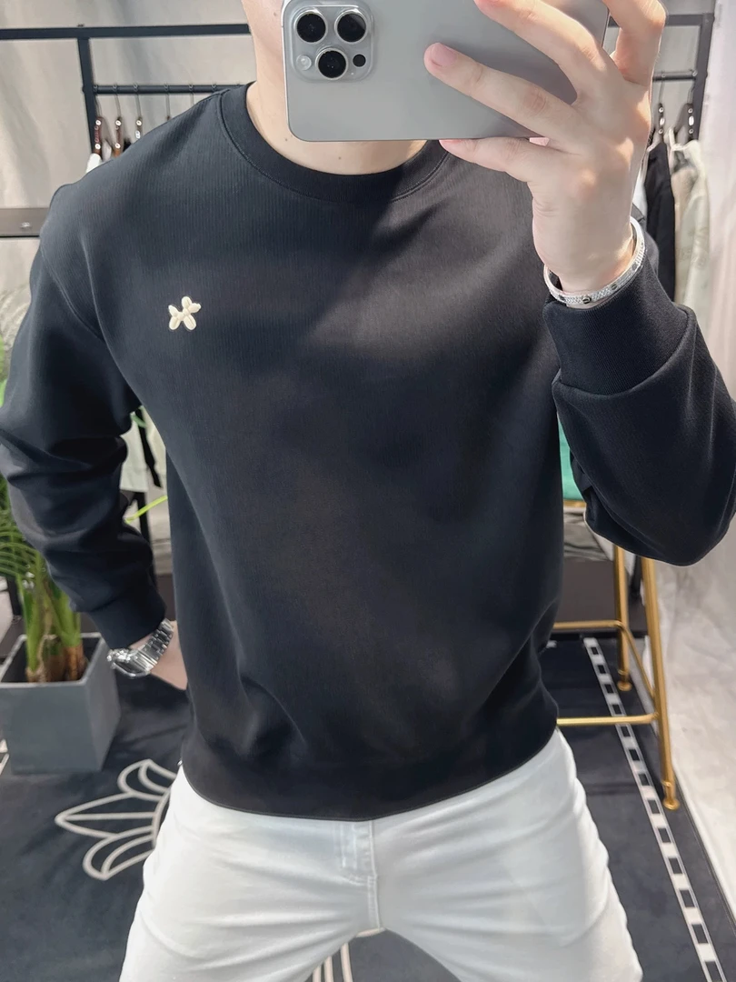 透气保暖套头圆领刺绣长打底衣男装秋冬修身百搭