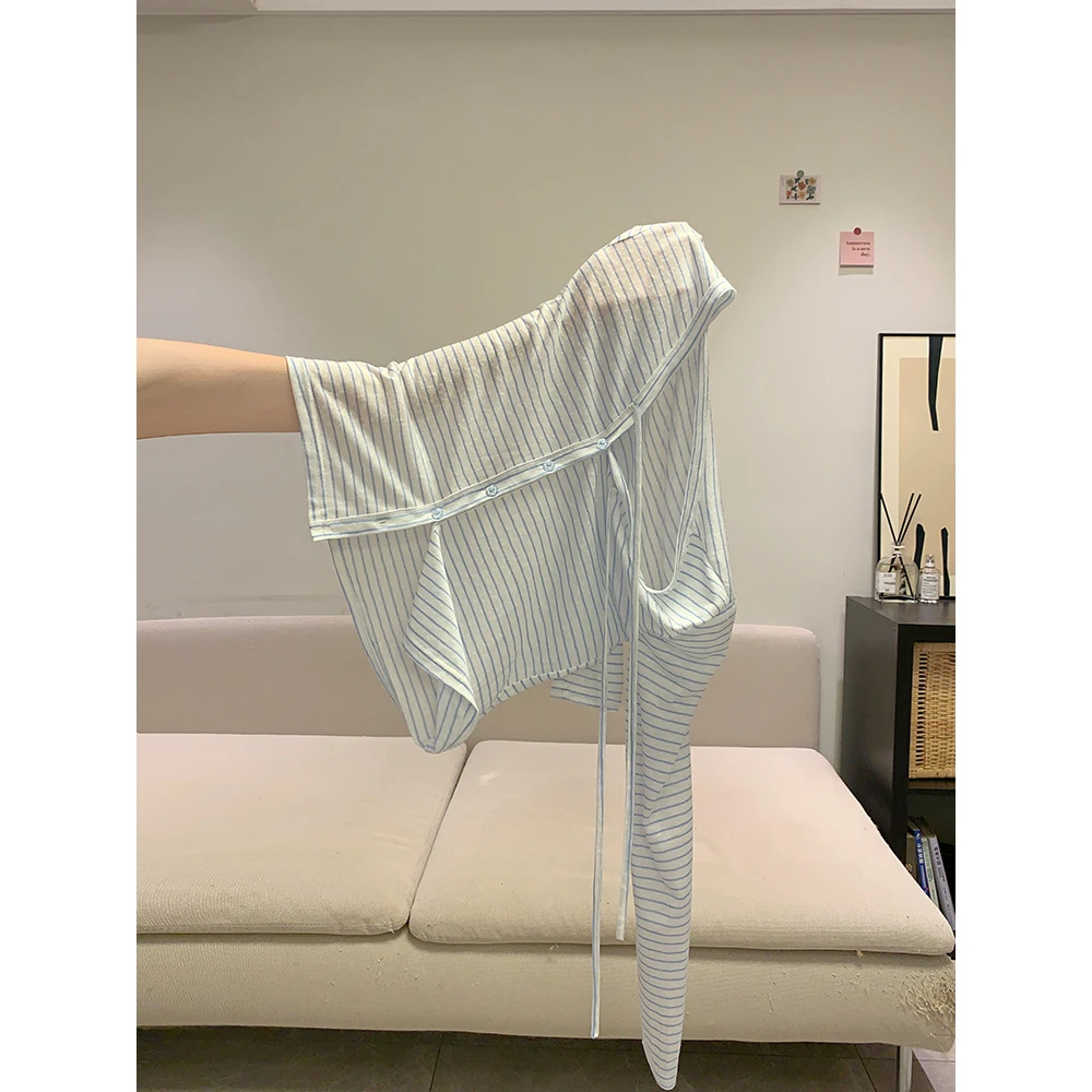 蓝色miu系条纹V领薄款防晒开衫外套女早秋季新款宽松长袖T恤上衣