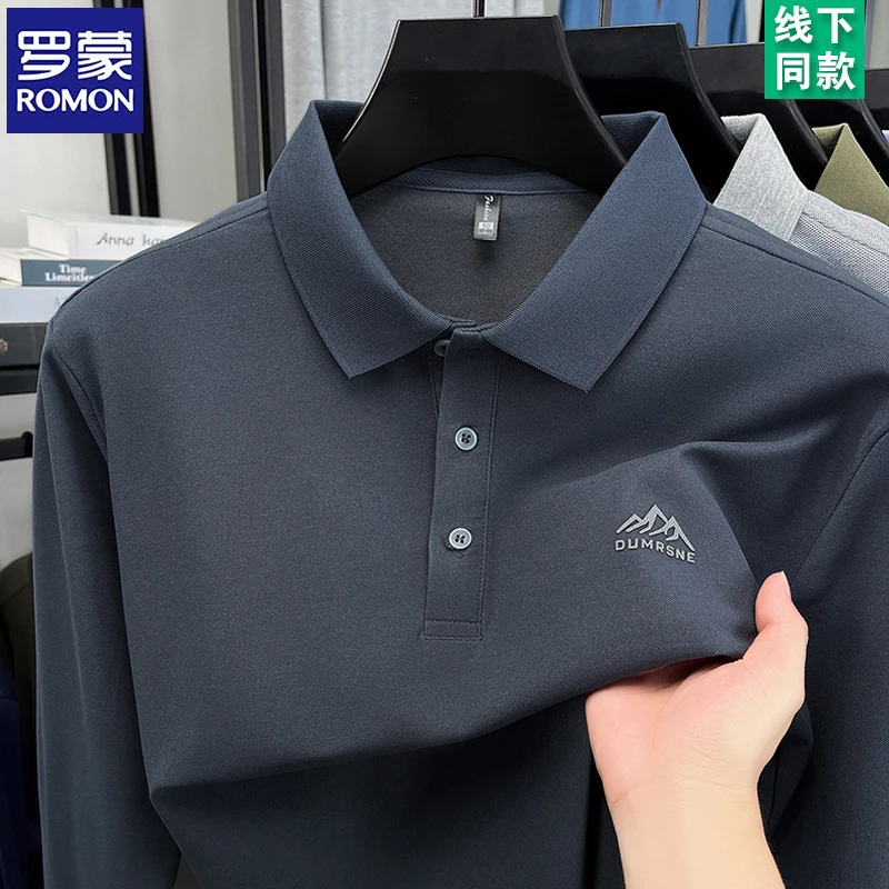 罗蒙百搭长袖t恤男士翻领休闲POLO衫宽松中年爸爸时尚春秋装上衣