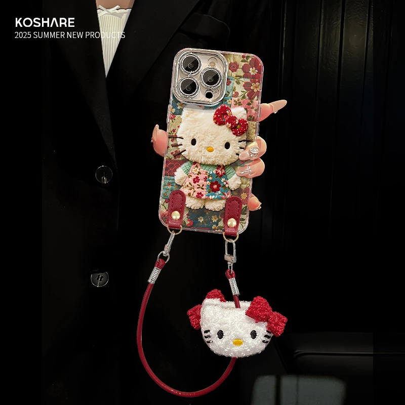 碎花KT猫适用苹果16华为vivo/oppo小米iPhone17精孔羽纱纹手机壳