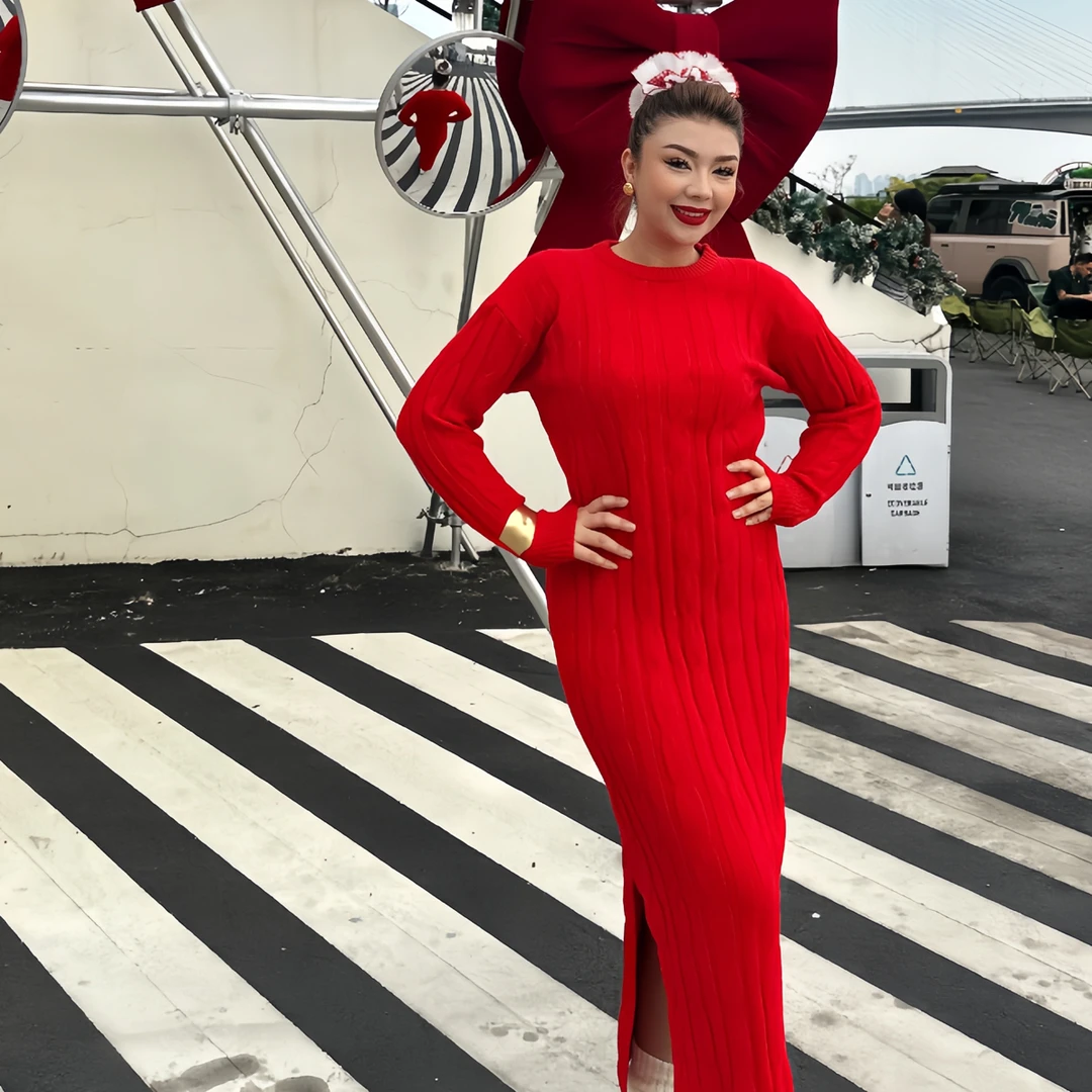 法式气质褶皱高领长袖针织收腰显瘦连衣裙春秋款