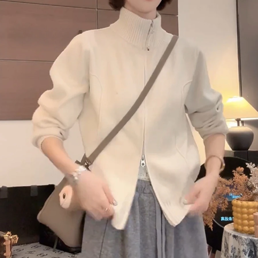 双拉链立领百搭针织开衫女2025新款秋冬季外穿时尚韩版设计感上衣