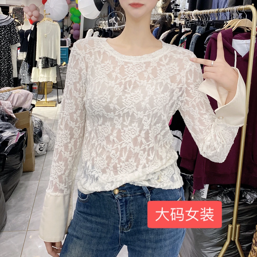 大码时尚显瘦风性感透视蕾丝打底衬衫长袖设计