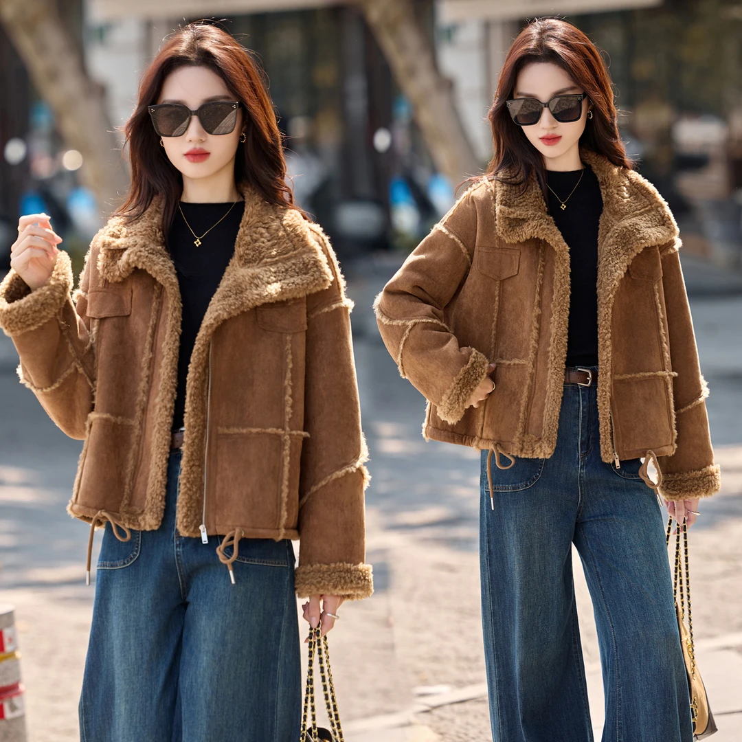 复古鹿皮绒皮毛一体羊羔毛外套女短款冬季高级感小个子厚棉服上衣