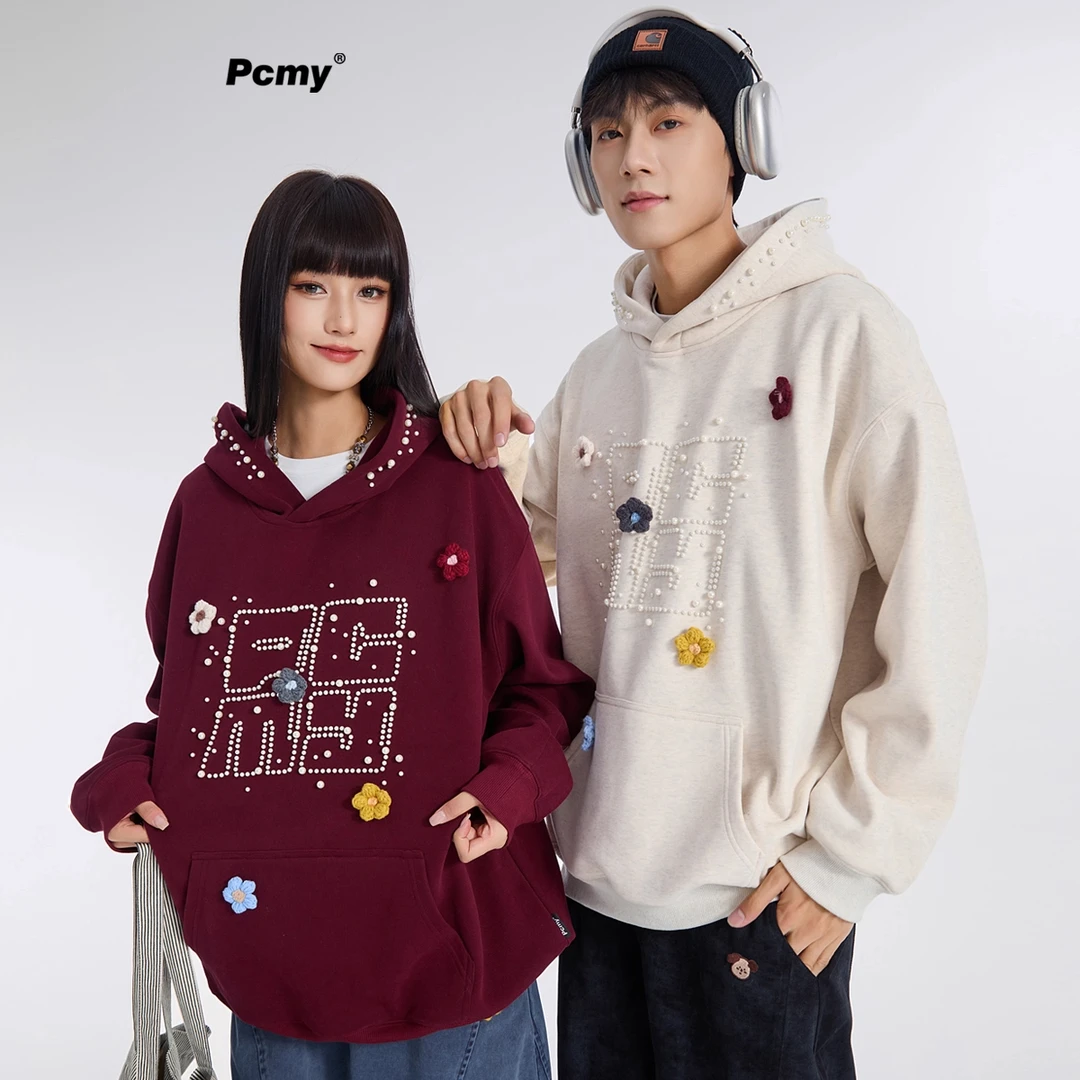 PCMY美式潮牌珍珠花朵刺绣连帽重磅卫衣加绒宽松情侣装男女同款