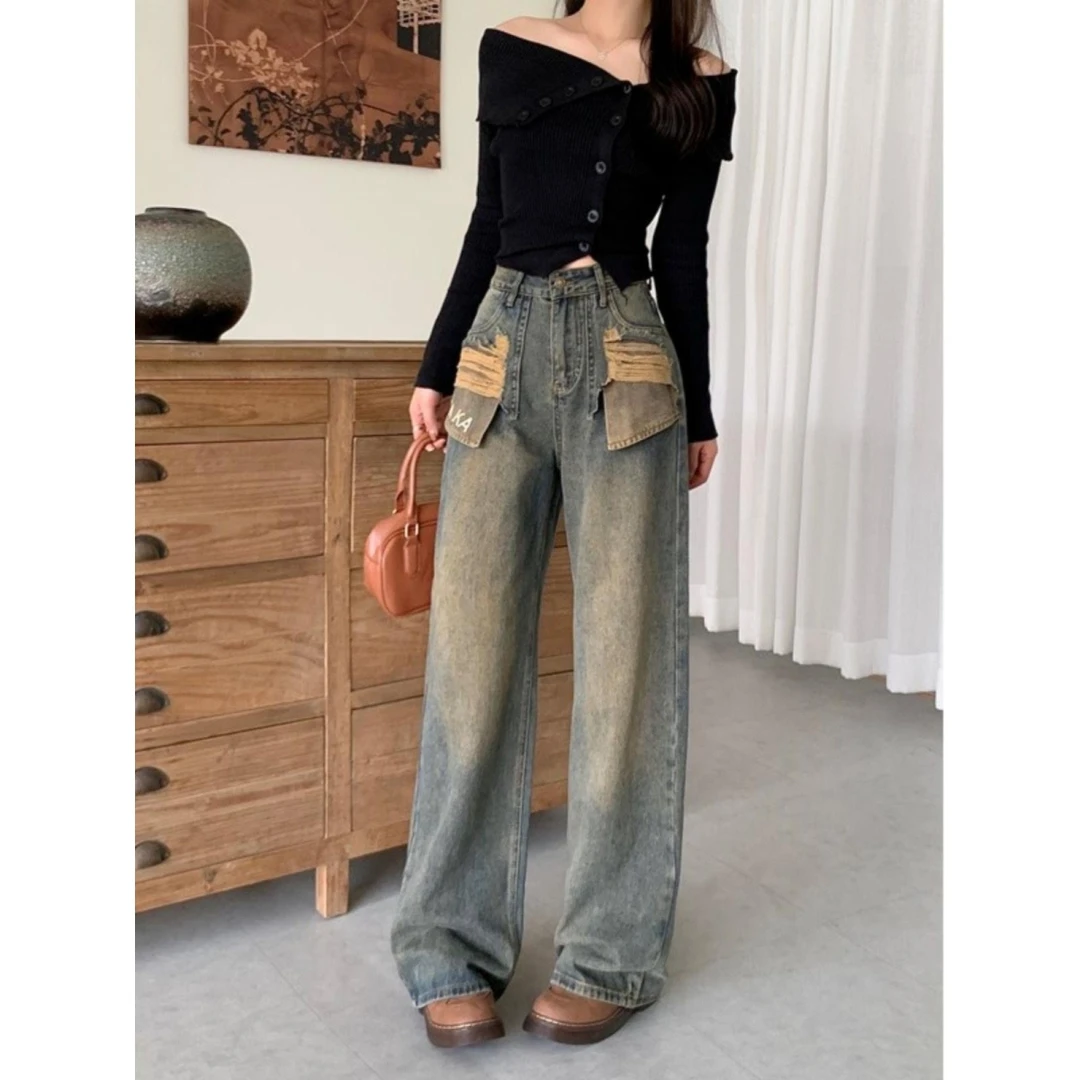 怀旧大口袋阔腿高腰牛仔裤女宽松显瘦遮胯垂感百搭直筒拖地裤子夏
