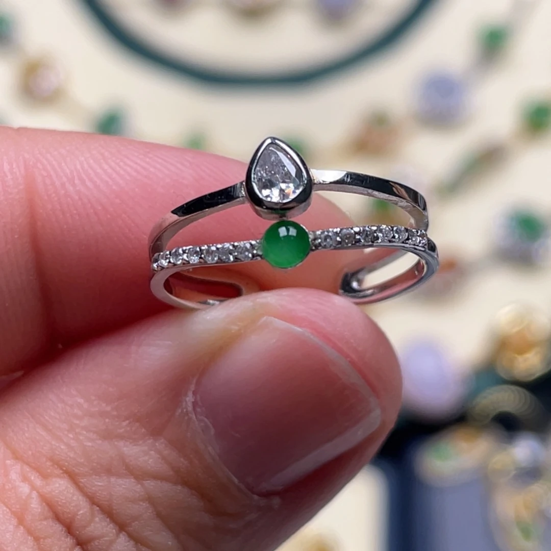 翡翠戒指银S925镶嵌纯天然缅甸翡翠