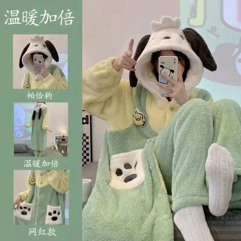少女可爱帕恰狗珊瑚绒睡衣女秋冬季新款加厚家居服睡袍可外穿睡裙