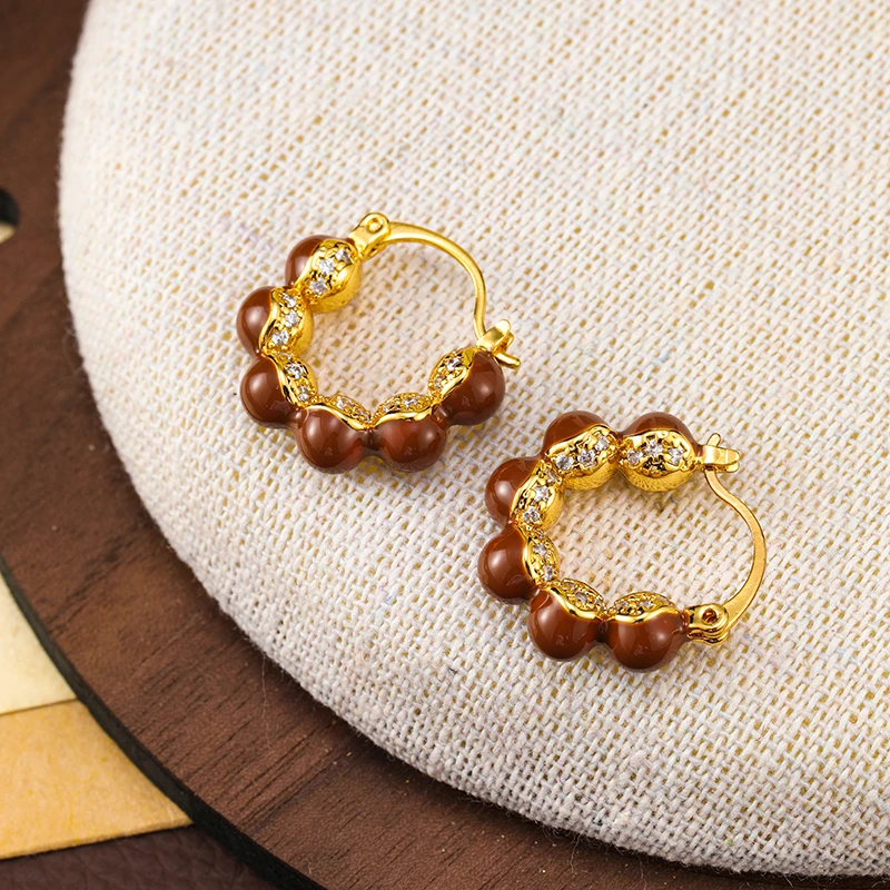 合金锆石耳饰 新中式红色串珠耳圈女设计高级感气质