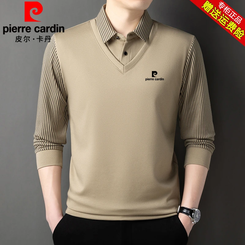 皮尔卡丹【春季薄款】假两件polo衫秋冬长袖T恤休闲翻领打底上衣潮