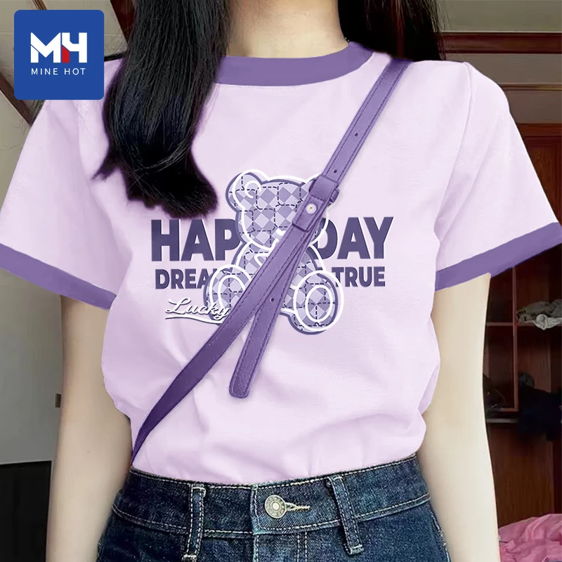 唐狮集团MH紫色撞色短袖t恤女款2025年爆款休闲夏季纯棉撞色衣服H