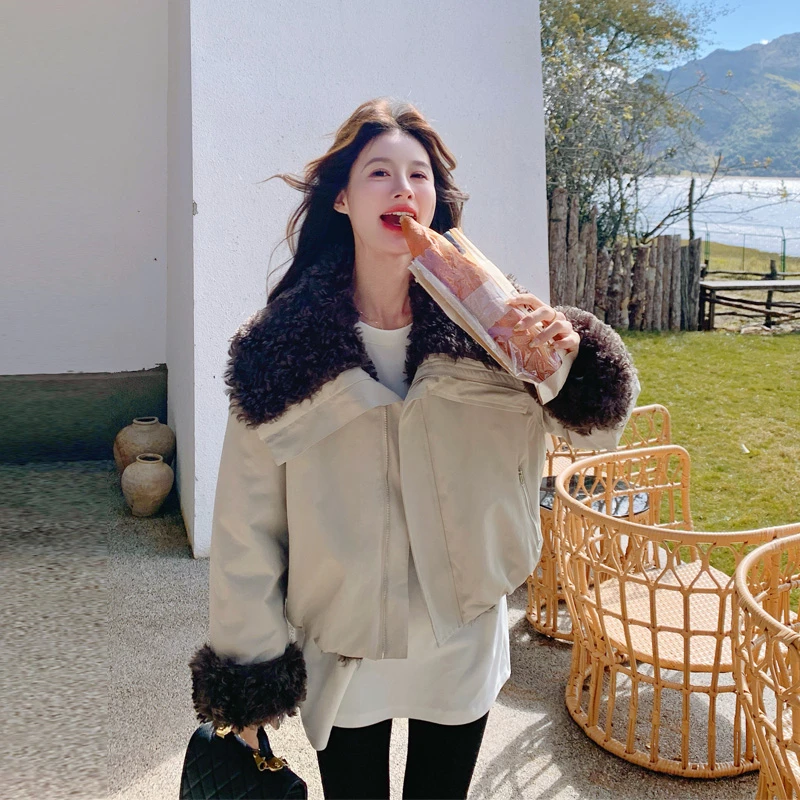 两面穿羊羔毛派克服女2025冬季新款韩系设计感小众工装风棉服外套