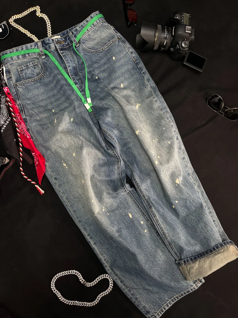 阔腿泼墨裤牛仔裤男士秋冬水洗宽松潮流百搭3034