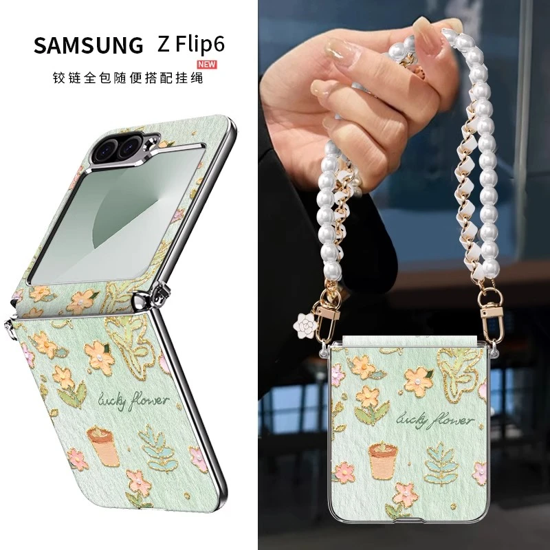 适用三星zflip6/5手机壳折叠屏油画春天植趣挂绳斜跨全包女保护套