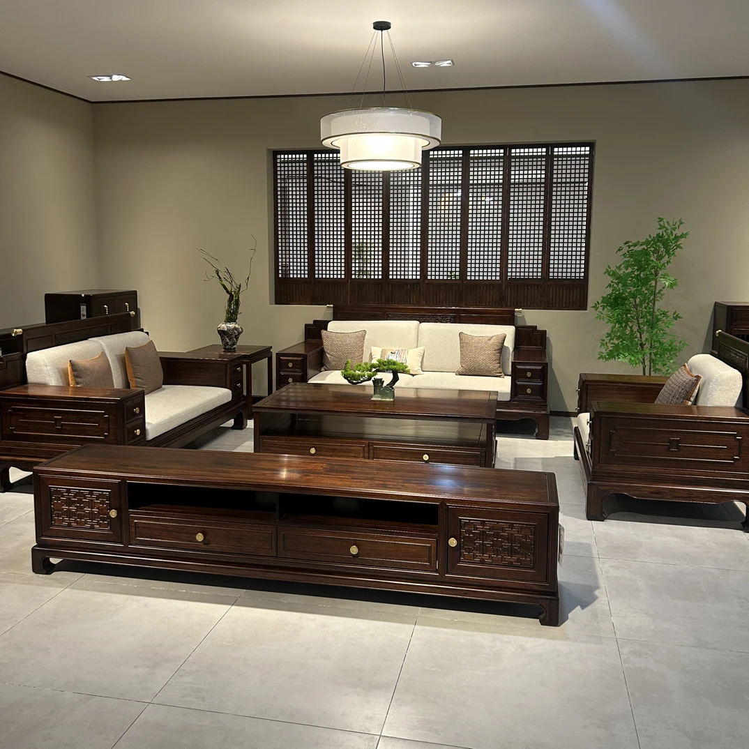 臻园家具816#乌金全原木全材123沙发茶几电视柜角几七件套