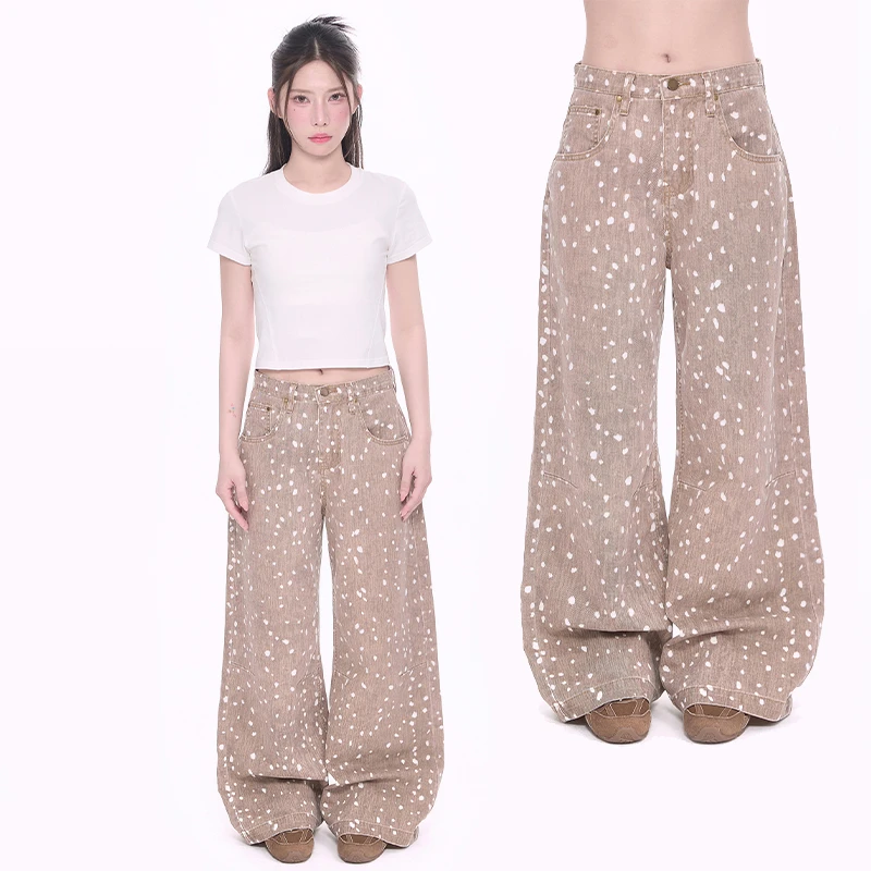 NCXK-小鹿斑点印花弯刀裤阔腿牛仔裤美式辣妹复古洗水宽松KZ25078
