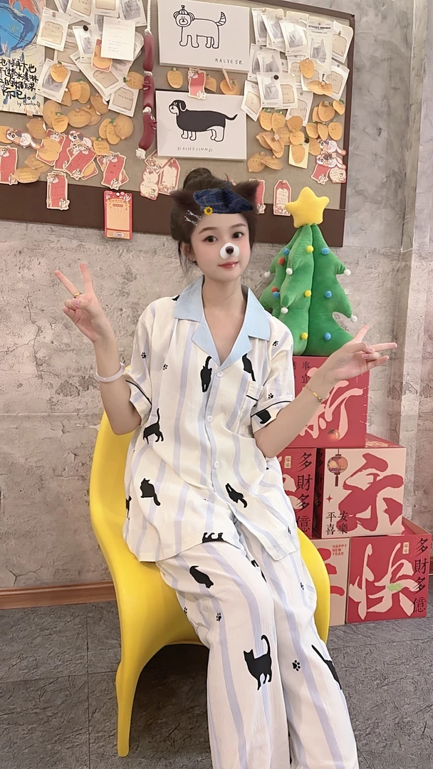 夏季情侣睡衣条纹小猫三件套短袖短裤长裤卡通可爱可外穿家居服