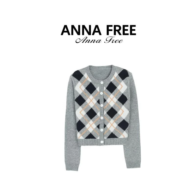 ANNA FREE 学院风棱格纹圆领长袖百搭秋季时尚毛衣针织开衫Z8605