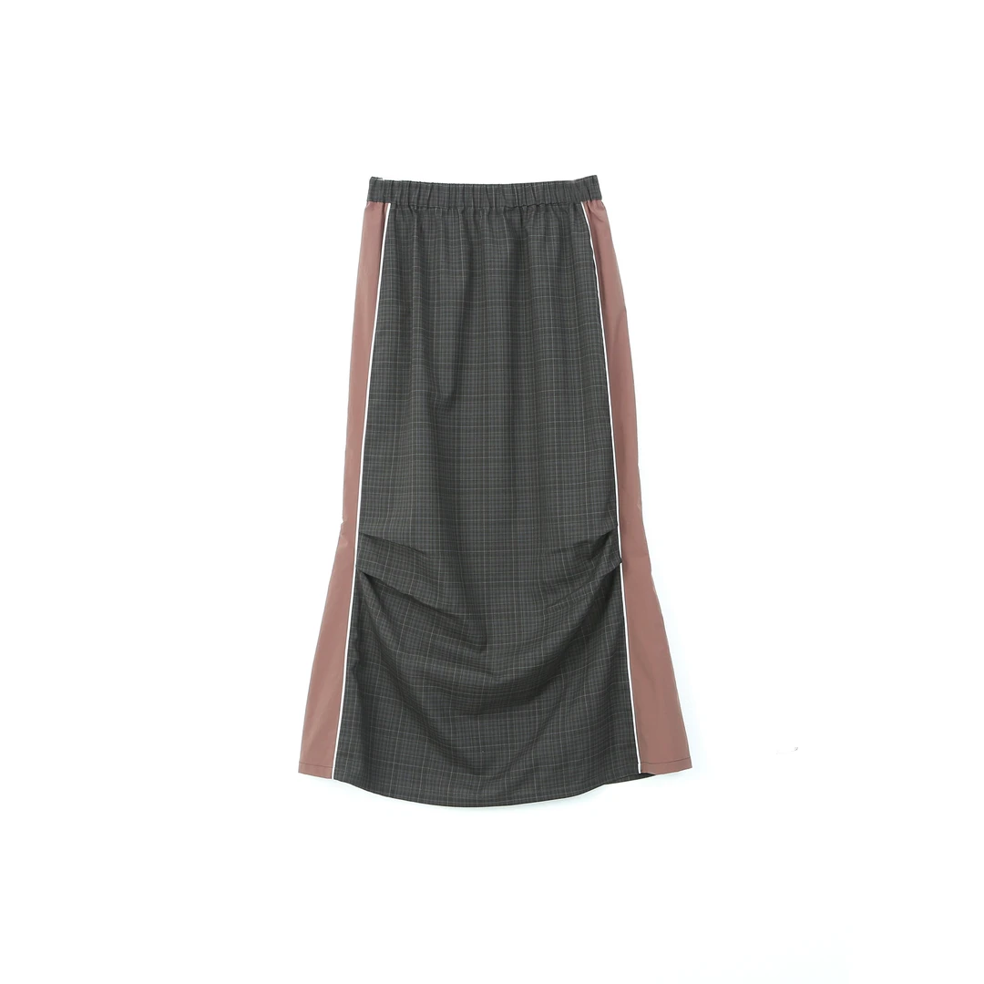 ASYUS  25早秋新品森女风半身裙低腰A字裙复古格纹长裙拼接