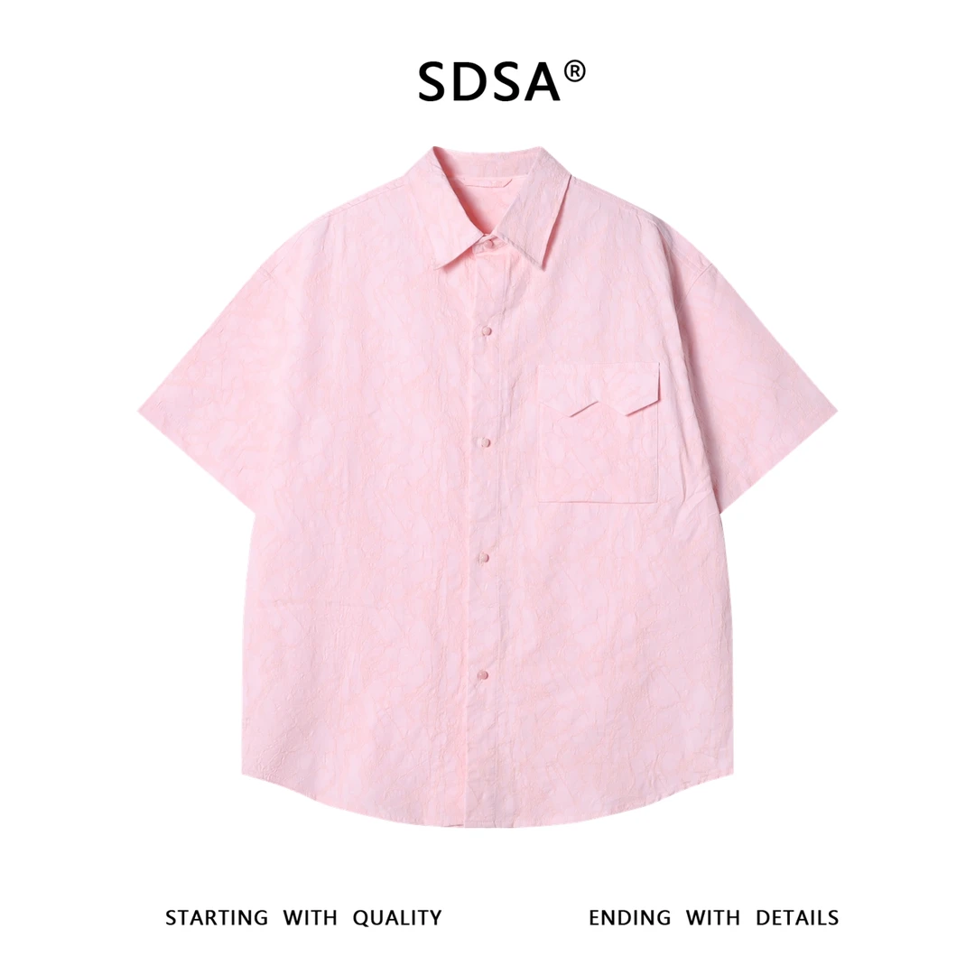 夏季高级感新款韩系不规则暗纹提花翻领短袖衬衫翻袋设计百搭上衣