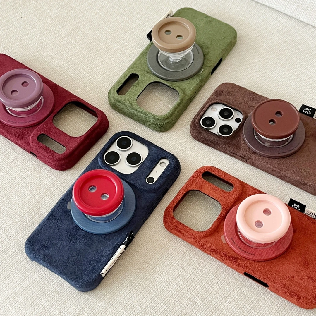 5色绒布磁吸+纽扣支架适用于苹果14可爱手机壳16pro手机壳新款17