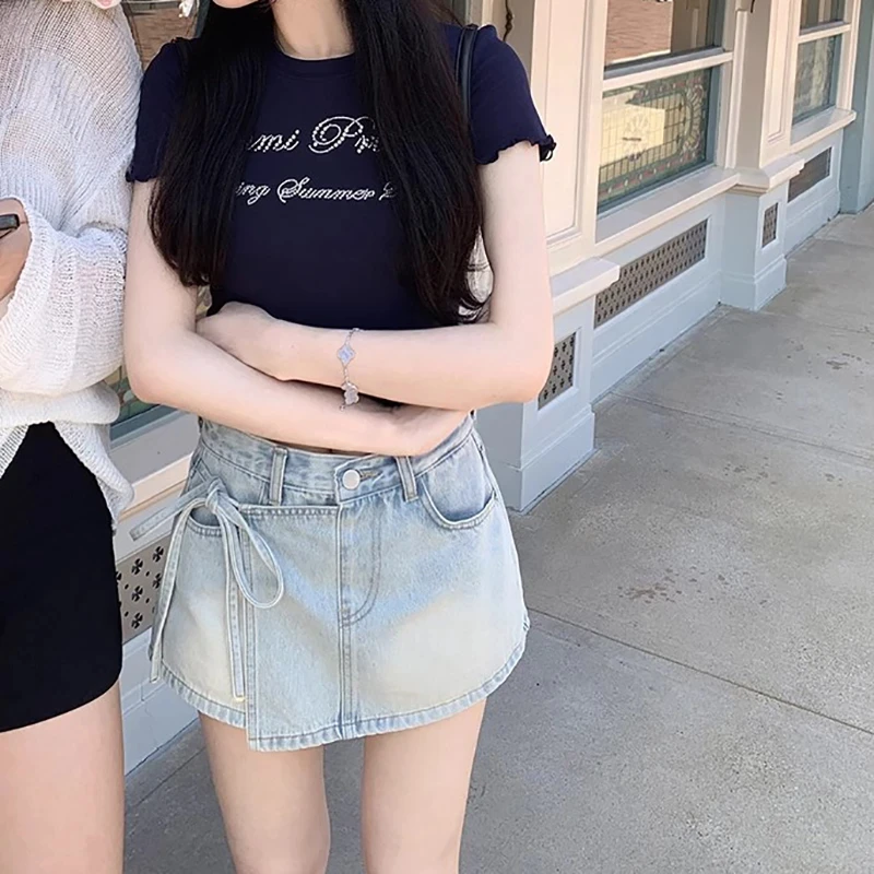 百搭简约假两件牛仔半身裙年夏季辣妹绑带不规则高腰显瘦爆款裙裤