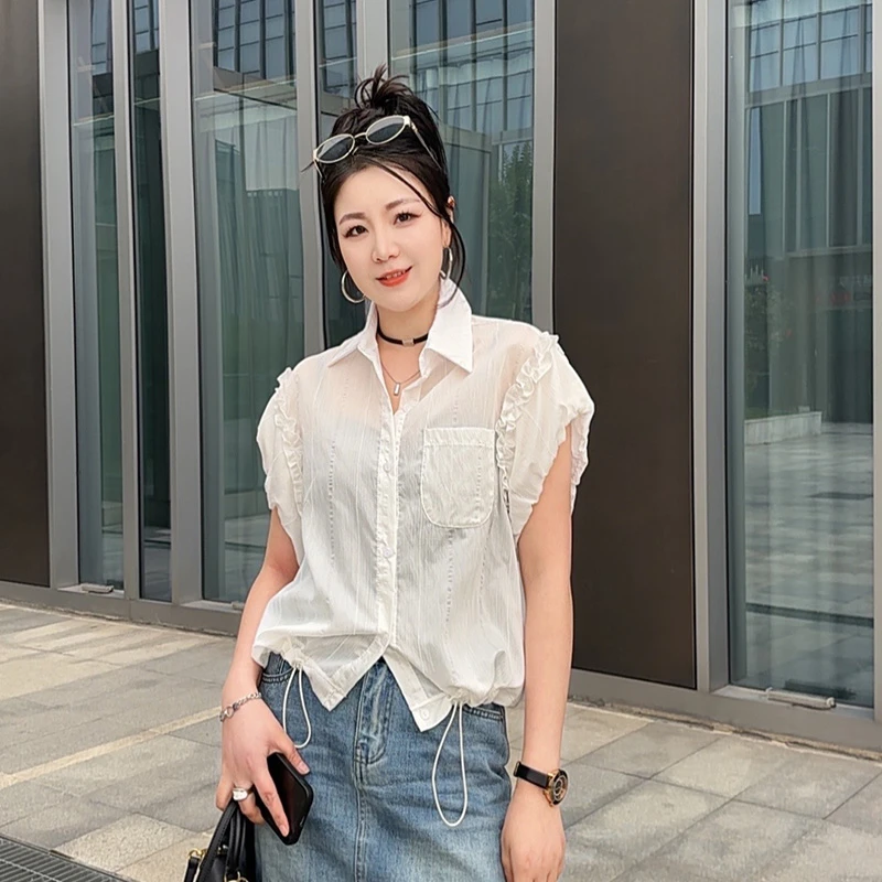 百搭气质女衬衫上衣短袖韩版翻领夏季条纹显瘦衬衣