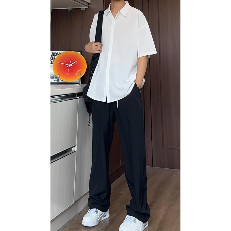 冰丝衬衫套装男夏季潮流宽松服潮牌学生短袖青少年上衣长裤休闲