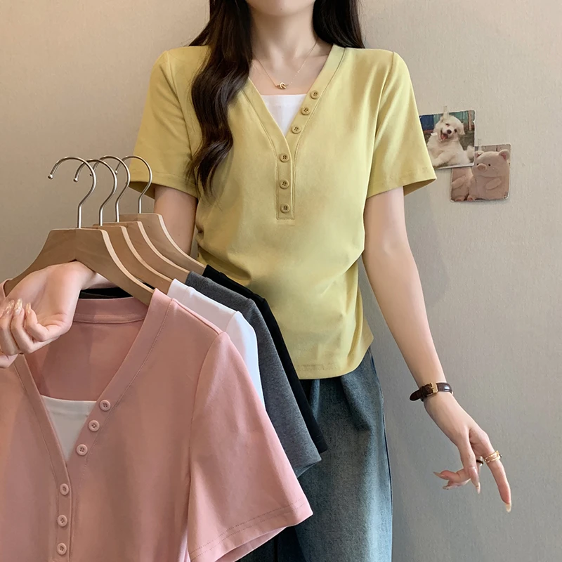 假两件产后哺乳显瘦遮肉喂奶上衣女百搭简约撞色收腰弧形短袖T恤