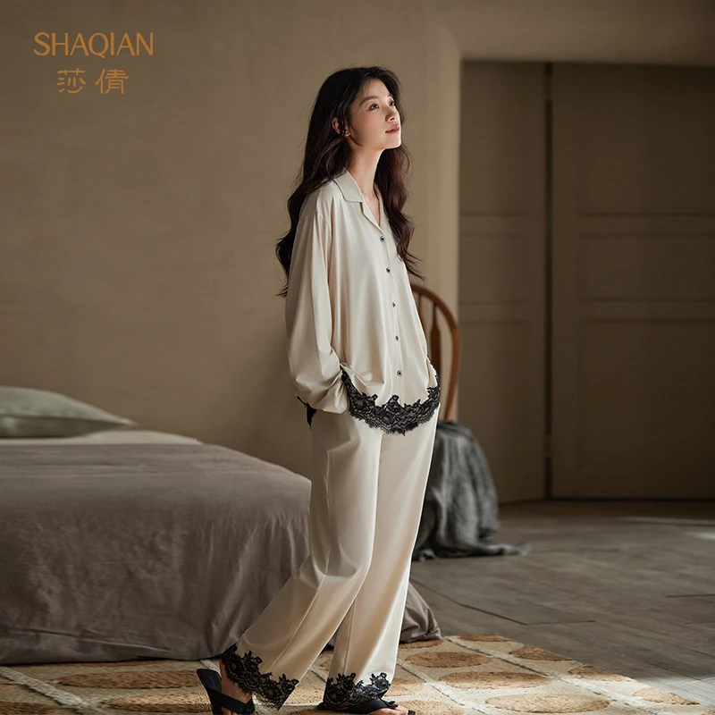 莎倩新款女士长袖睡衣2025年春秋季莫代尔棉高级家居服可外穿套装