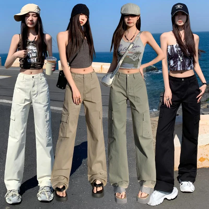 卡其色高腰显瘦窄版工装裤女2025春秋宽松直筒阔腿休闲百搭长裤子