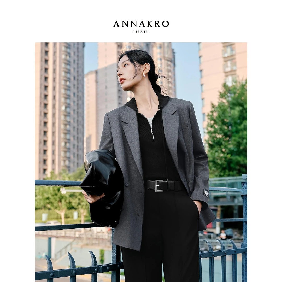 玖姿·安娜蔻复古老钱微宽松立裁西装女2025秋季新款KWFQ40203