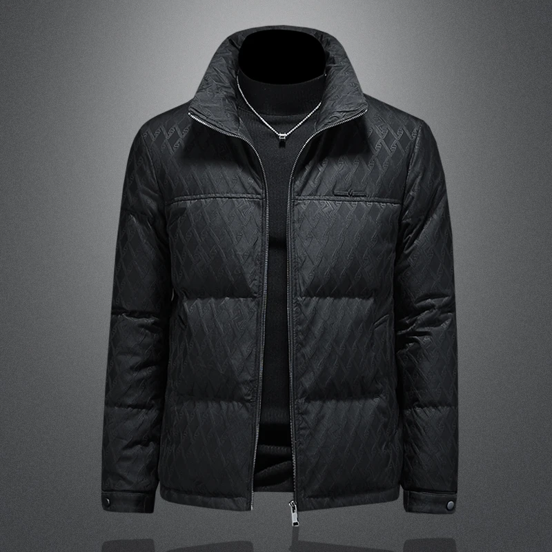 巴赛娜缇休闲时尚外套男短款潮流加厚冬季白鸭绒立领提花羽绒服潮