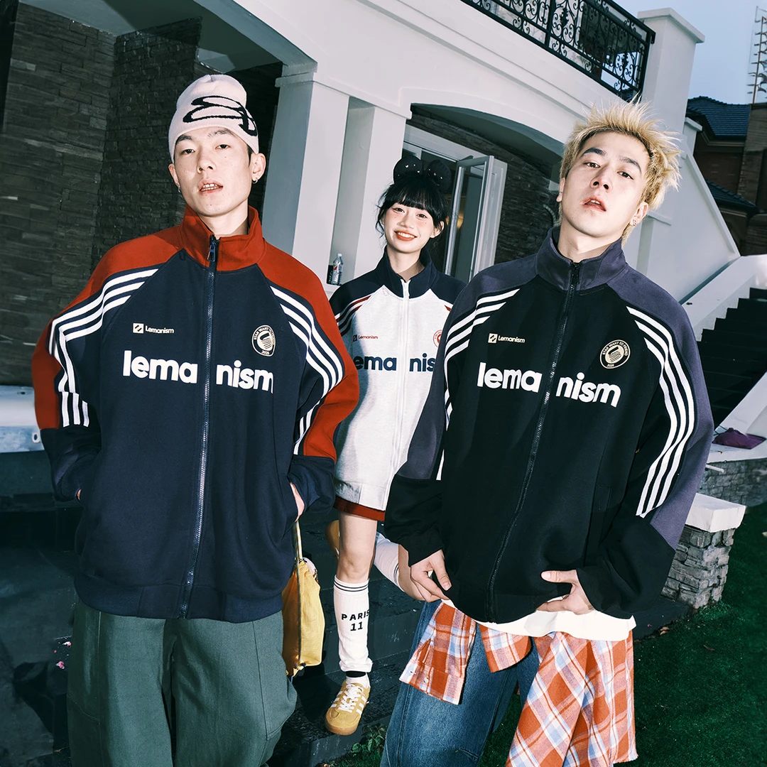 lemanism三条杠红色运动外套男立领2025春季情侣款撞色夹克上衣女